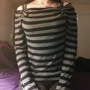 Off Shoulder Long Sleeve Grey & Black Striped Top